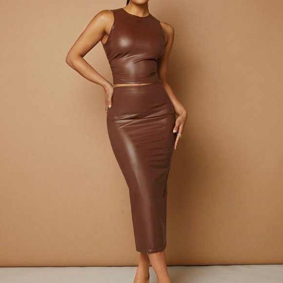 . Tops - Brown Casual Womens Solid PU Leather Tank Top & Pencil Skirt